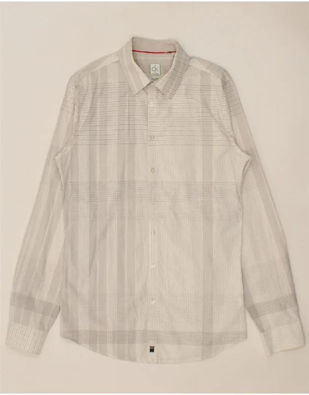 CALVIN KLEIN Mens Slim Fit Shirt Small White Check Cotton-- Silk Blend Satin Velvet