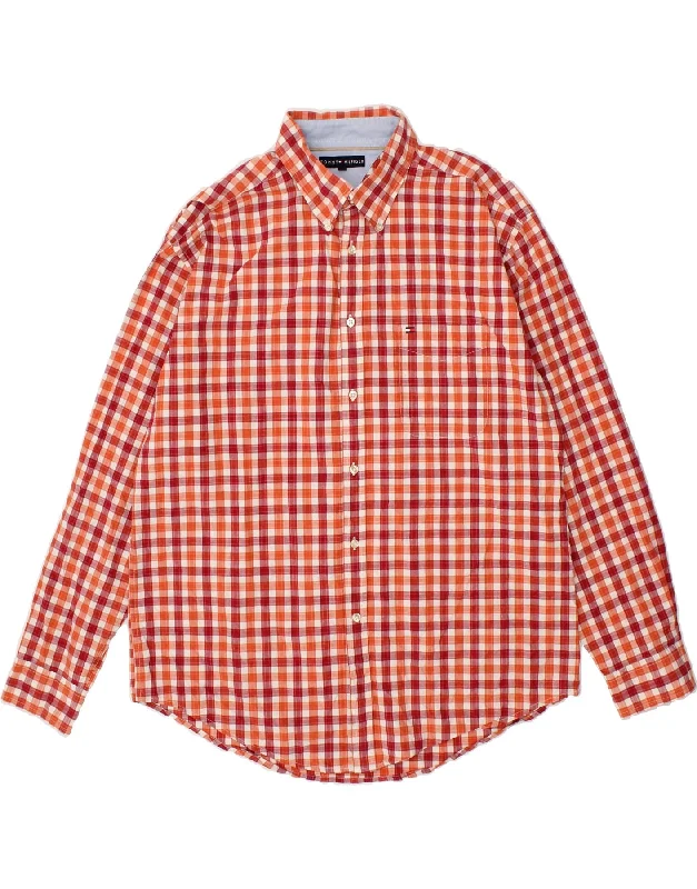 TOMMY HILFIGER Mens Shirt XL Red Check Cotton-- Silk Blend Satin Velvet