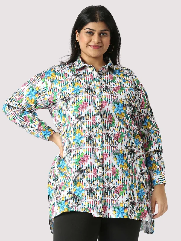 Flowers Stripe Digital Printed Women's Plus Size Long Shirt-- Modern Contemporary Chic Flowers Stripe Digital Printed Women's Plus Size Long Shirt-- Modern Contemporary Chic