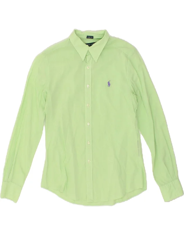 RALPH LAUREN Womens Skinny Shirt US 6 Medium Green Cotton-- Solid Print Embellished