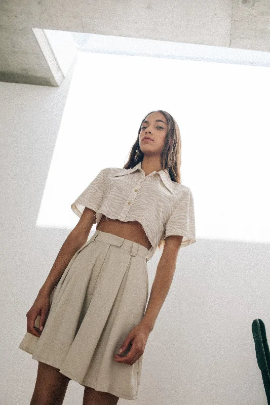 Camo Cropped Shirt White-- Mesh Blend Leather Blend Suede Blend