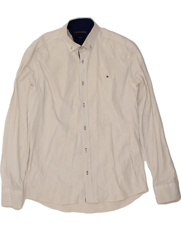 TOMMY HILFIGER Mens Slim Fit Shirt Large White Spotted-- Hooded Caped Shawl Collar
