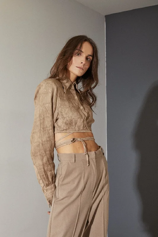 Toffee Cropped Shirt-- Cotton Fabric Linen Fabric Terry Fabric