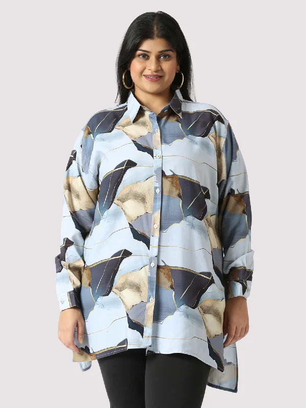 Metallic Sand Digital Printed Women's Plus Size Long Shirt-- Hooded Caped Shawl Collar Metallic Sand Digital Printed Women's Plus Size Long Shirt-- Hooded Caped Shawl Collar