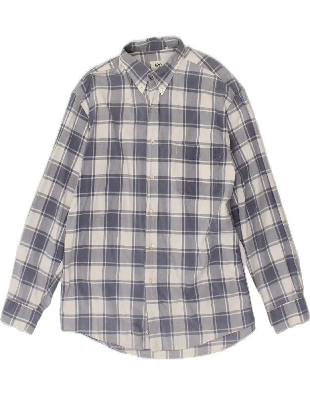 HUGO BOSS Mens Shirt XL Blue Check Cotton-- Collared Crew Neck Turtle Neck