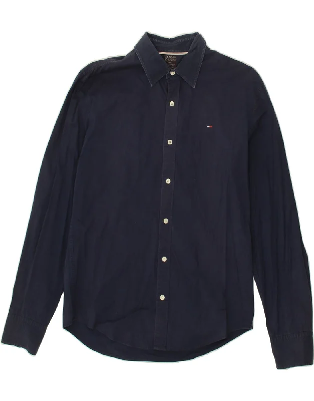 TOMMY HILFIGER Mens Shirt Large Navy Blue-- Knit Fabric Woven Fabric Fleece Fabric