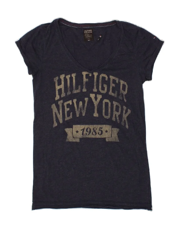 TOMMY HILFIGER Womens Graphic T-Shirt Top UK 10 Small Navy Blue-- Print Jacquard Patchwork TOMMY HILFIGER Womens Graphic T-Shirt Top UK 10 Small Navy Blue-- Print Jacquard Patchwork
