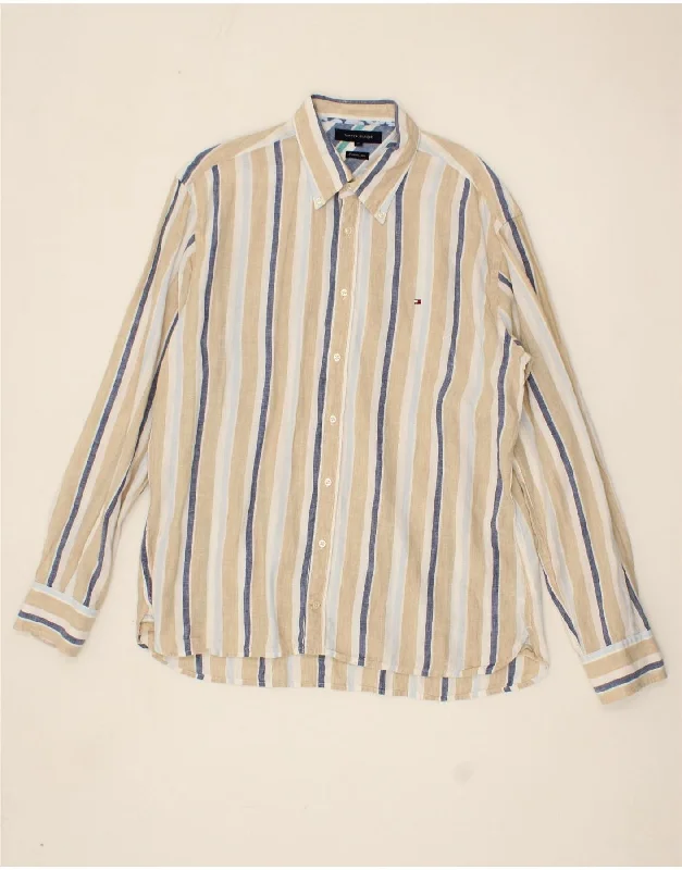 TOMMY HILFIGER Mens Shirt XL Beige Striped Linen-- Layered Multi-layer Single Layer
