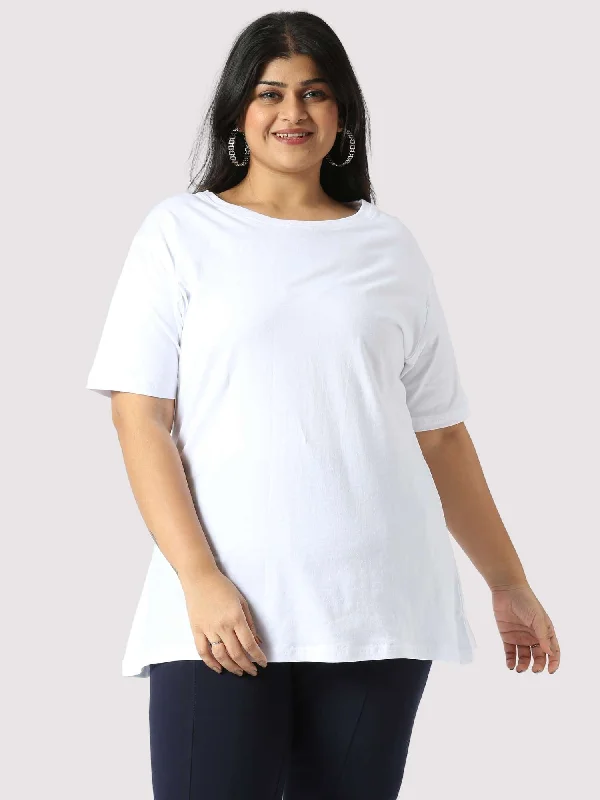 Snow White Round Neck T-Shirt Women's Plus Size-- Rayon Velvet Corduroy