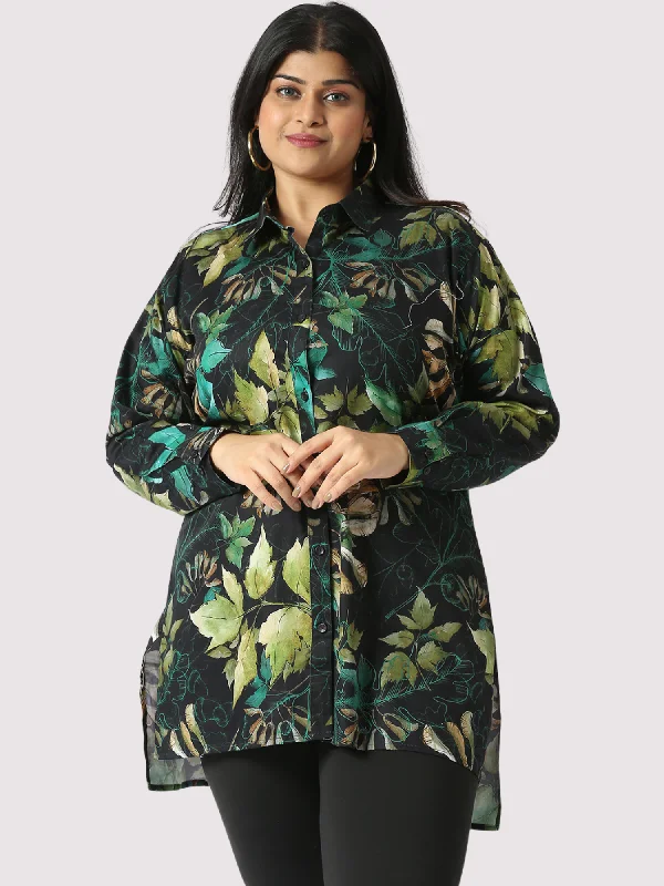 Wild Green Digital Printed Women's Plus Size Long Shirt-- Zippered Buttoned Snapped