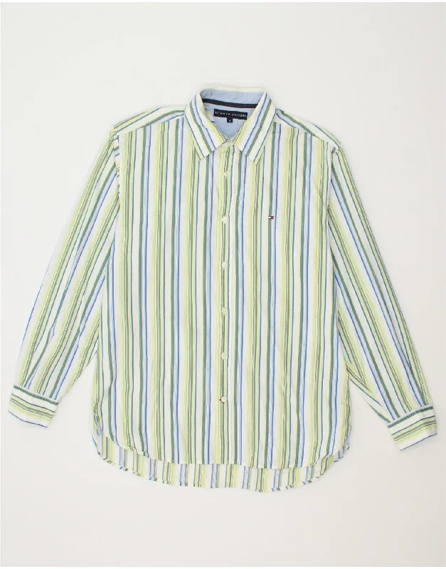 TOMMY HILFIGER Mens Shirt Medium Green Striped Cotton-- Asymmetrical Pockets Print