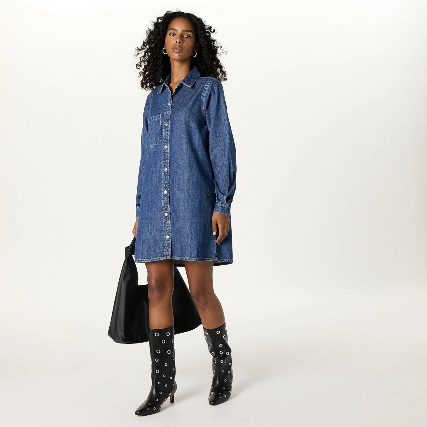 Dark Blue Denim Long Shirt-- Zippered Buttoned Snapped