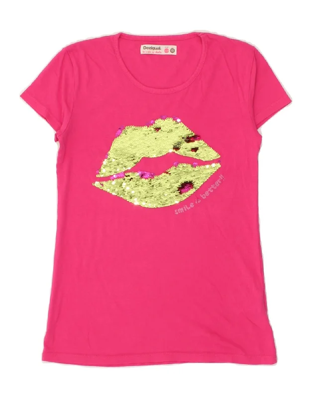 DESIGUAL Girls Graphic T-Shirt Top 11-12 Years Pink Cotton-- Embroidered Appliqued Beaded DESIGUAL Girls Graphic T-Shirt Top 11-12 Years Pink Cotton-- Embroidered Appliqued Beaded