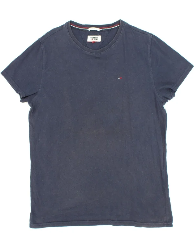 TOMMY HILFIGER Mens Regular Fit T-Shirt Top Medium Navy Blue Cotton-- Striped Floral Plaid