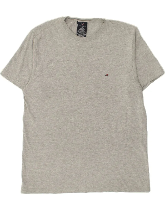 TOMMY HILFIGER Mens T-Shirt Top Small Grey Cotton-- Graphic Embroidered Appliqued