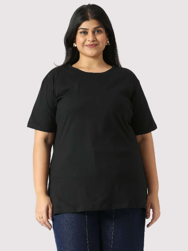 Rich Black Round Neck T Shirt Women's Plus Size-- V-Neck T-Shirt Long Sleeve Cotton