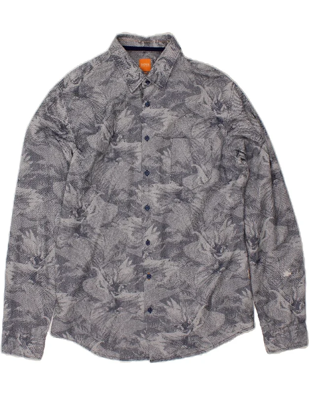HUGO BOSS Mens Abstract Pattern Slim Fit Shirt XL Grey Herringbone Cotton-- Embroidered Appliqued Beaded HUGO BOSS Mens Abstract Pattern Slim Fit Shirt XL Grey Herringbone Cotton-- Embroidered Appliqued Beaded