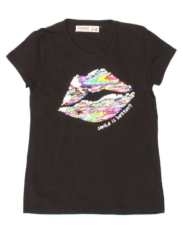 DESIGUAL Girls Graphic T-Shirt Top 9-10 Years Black Cotton-- Chenille Blend Fleece Blend Nylon Blend DESIGUAL Girls Graphic T-Shirt Top 9-10 Years Black Cotton-- Chenille Blend Fleece Blend Nylon Blend