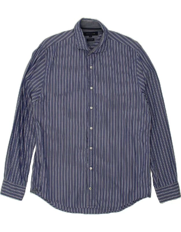 TOMMY HILFIGER Mens New York Fit Shirt Large Navy Blue Striped Cotton-- Notch Collar Peter Pan Collar Cowl Neck TOMMY HILFIGER Mens New York Fit Shirt Large Navy Blue Striped Cotton-- Notch Collar Peter Pan Collar Cowl Neck