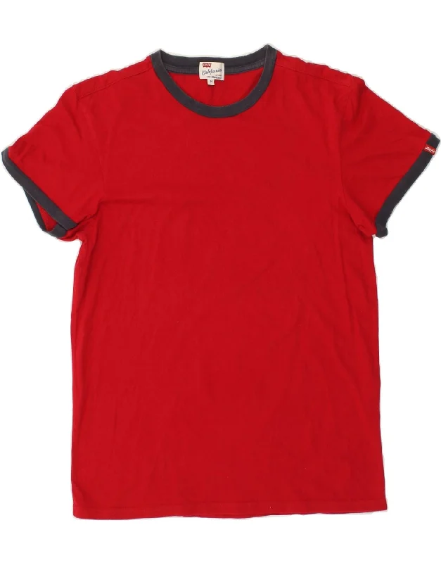 LEVI'S Mens T-Shirt Top Medium Red Cotton-- Mesh Blend Leather Blend Suede Blend