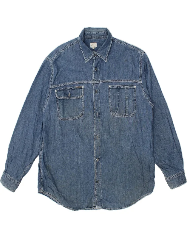 CALVIN KLEIN Mens Denim Shirt XL Blue Cotton-- Zippered Front Buttoned Front Snap Front CALVIN KLEIN Mens Denim Shirt XL Blue Cotton-- Zippered Front Buttoned Front Snap Front