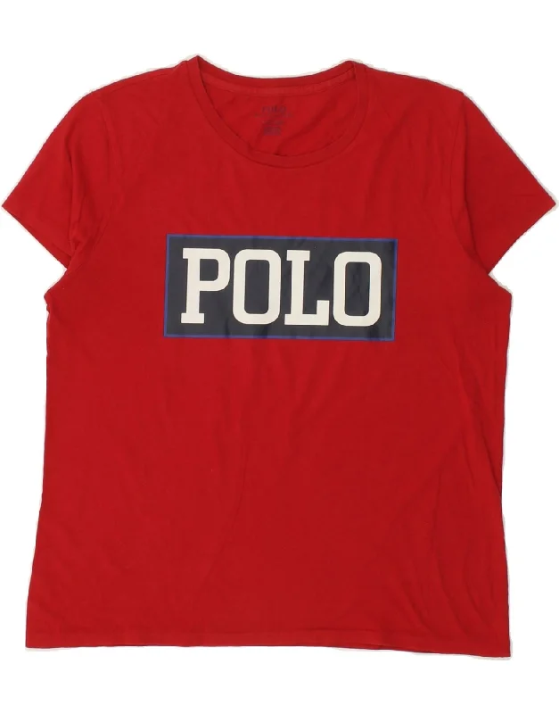 RALPH LAUREN Womens Graphic T-Shirt Top UK 16 Large Red-- Beaded Sequined Faux Fur