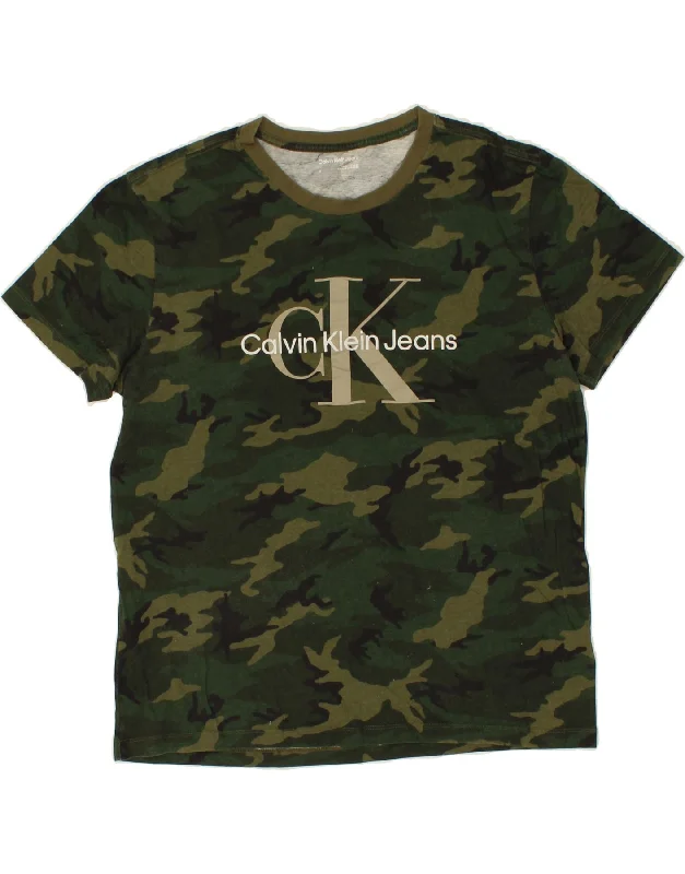 CALVIN KLEIN JEANS Mens Graphic T-Shirt Top Medium Khaki Camouflage Cotton-- Houndstooth Herringbone Solid