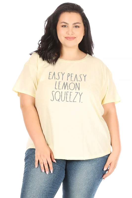 Women's Plus Size "EASY PEASY LEMON SQUEAZY" Short Sleeve Shirttail Hem T-Shirt-- Ribbed Striped Patterned Women's Plus Size "EASY PEASY LEMON SQUEAZY" Short Sleeve Shirttail Hem T-Shirt-- Ribbed Striped Patterned