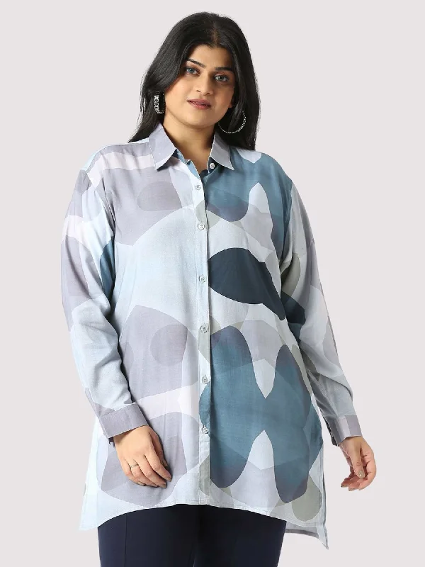 Silver Sand Digital Printed Women's Plus Size Long Shirt-- Boxy Fit Fitted Loose