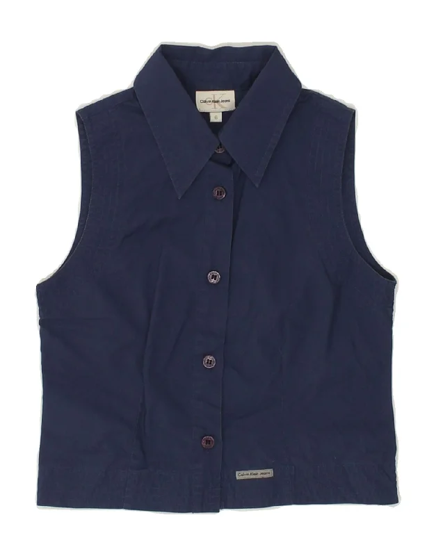 CALVIN KLEIN Girls Sleeveless Shirt 5-6 Years Navy Blue Cotton-- Notch Collar Peter Pan Collar Cowl Neck