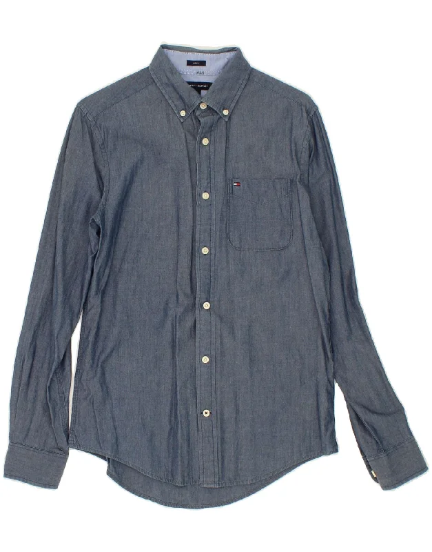TOMMY HILFIGER Mens Indigo Custom Fit Shirt XS Blue Cotton-- Beaded Sequined Faux Fur TOMMY HILFIGER Mens Indigo Custom Fit Shirt XS Blue Cotton-- Beaded Sequined Faux Fur
