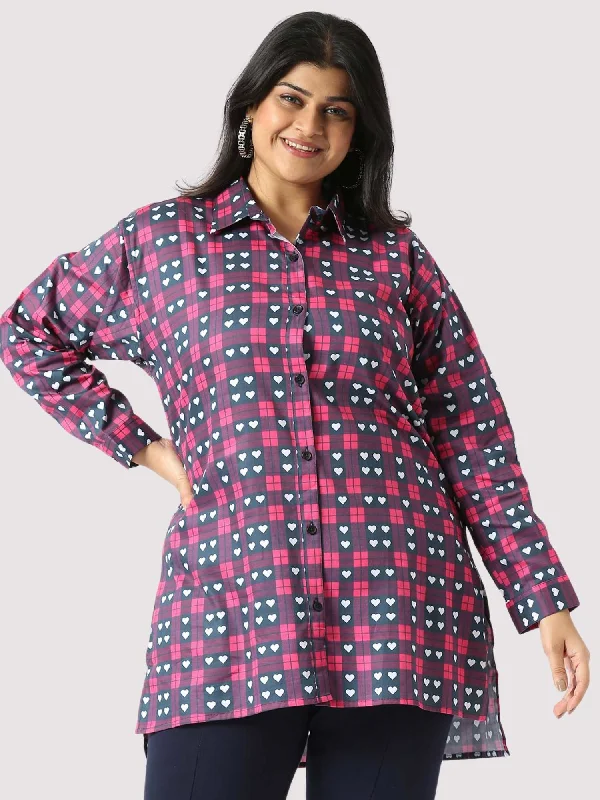 Purple Heart Digital Printed Women's Plus Size Long Shirt-- Casual Formal Business