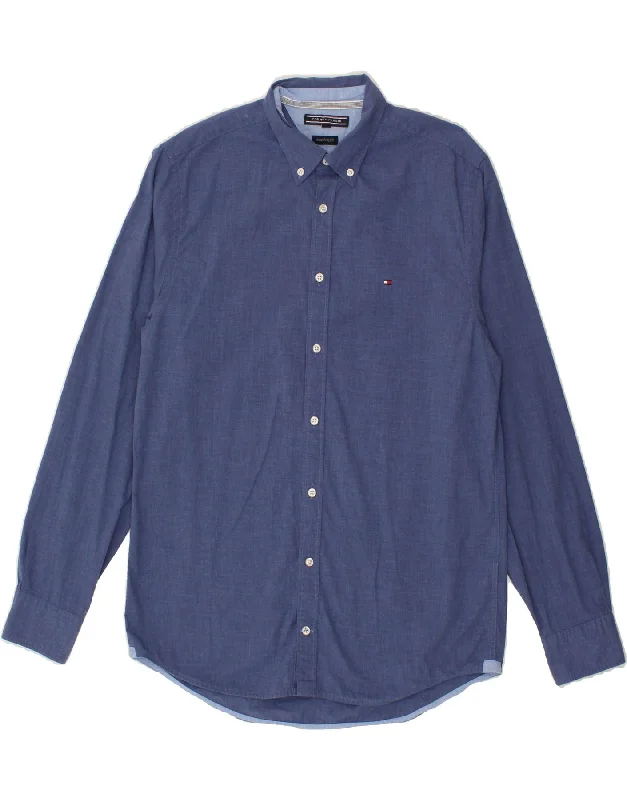 TOMMY HILFIGER Mens New York Fit Shirt Medium Blue-- Houndstooth Herringbone Solid