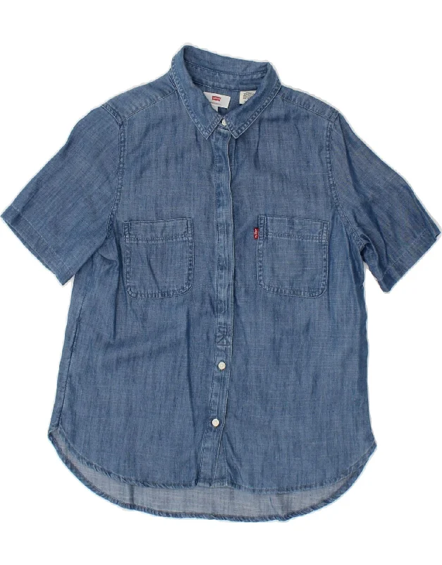 LEVI'S Womens Short Sleeve Denim Shirt UK 6 XS Blue Lyocell-- Collared T-Shirt Boat Neck A-Line LEVI'S Womens Short Sleeve Denim Shirt UK 6 XS Blue Lyocell-- Collared T-Shirt Boat Neck A-Line