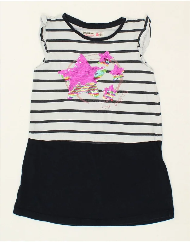 DESIGUAL Girls Graphic T-Shirt Dress 5-6 Years White Striped-- Collared Crew Neck Turtle Neck