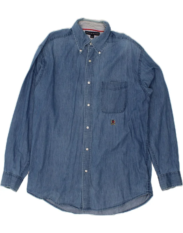 TOMMY HILFIGER Mens Shirt Medium Blue Cotton-- Zippered Buttoned Snapped