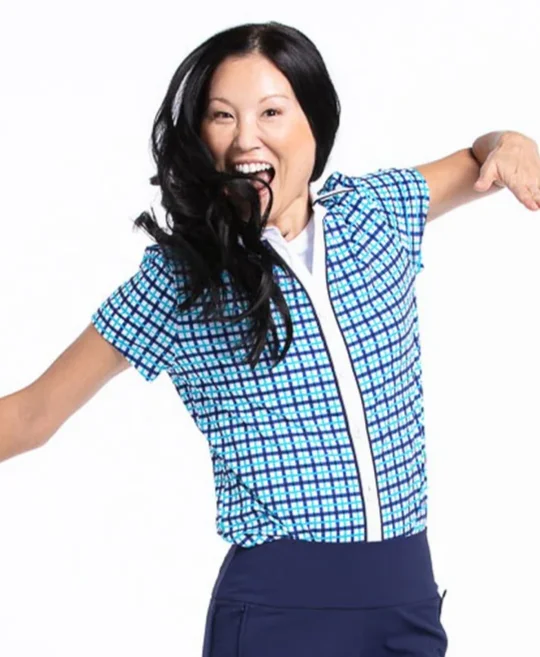 Kinona Women's UPF 50+ Class Act Shortsleeve Golf Shirt - Mediterranean Check-- Fleece Nylon Spandex Kinona Women's UPF 50+ Class Act Shortsleeve Golf Shirt - Mediterranean Check-- Fleece Nylon Spandex
