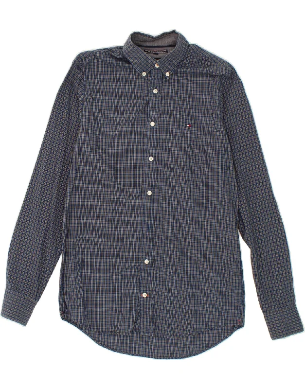 TOMMY HILFIGER Mens Slim Fit Shirt Small Navy Blue Check Cotton-- Seamless Knitted Crochet TOMMY HILFIGER Mens Slim Fit Shirt Small Navy Blue Check Cotton-- Seamless Knitted Crochet