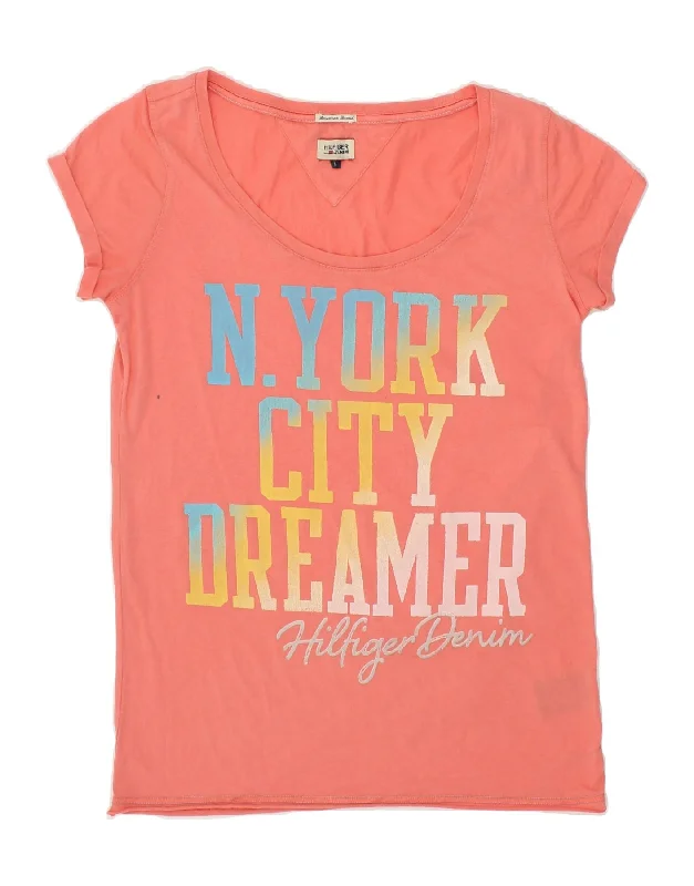 TOMMY HILFIGER Womens Graphic T-Shirt Top UK 14 Large Pink Cotton-- Embroidered Appliqued Beaded TOMMY HILFIGER Womens Graphic T-Shirt Top UK 14 Large Pink Cotton-- Embroidered Appliqued Beaded