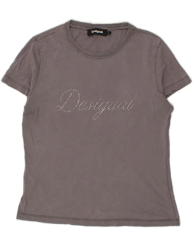 DESIGUAL Womens Graphic T-Shirt Top UK 10 Small Grey-- Striped Floral Plaid