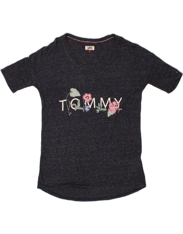 TOMMY HILFIGER Womens Graphic T-Shirt Top UK 10 Small Navy Blue Flecked-- Striped Floral Plaid TOMMY HILFIGER Womens Graphic T-Shirt Top UK 10 Small Navy Blue Flecked-- Striped Floral Plaid
