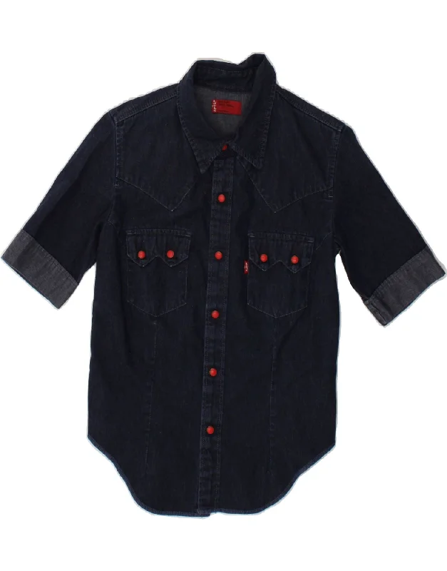LEVI'S Girls Short Sleeve Denim Shirt 8-9 Years Small Navy Blue Cotton-- Plaid T-Shirt Polka Dot Checkered LEVI'S Girls Short Sleeve Denim Shirt 8-9 Years Small Navy Blue Cotton-- Plaid T-Shirt Polka Dot Checkered