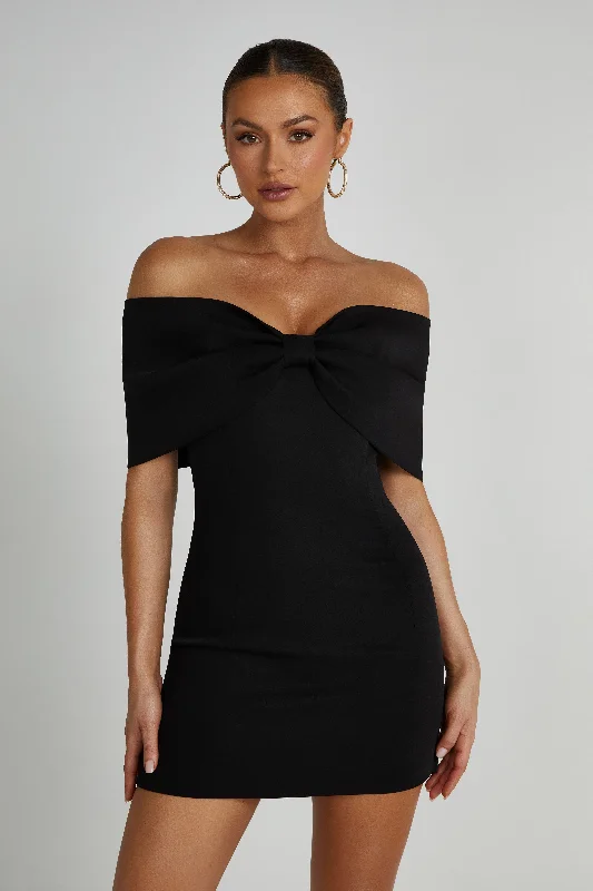 Gwyneth Off Shoulder Bow Mini Dress - Black Stylish Short Sleeve Mini Dress