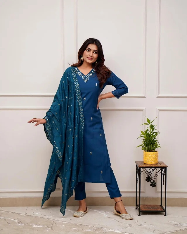 NOZ2TOZ Women Party Wear Embroidery Worked Kurta With Pant And Dupatta Set - Petrol Green Elegant Dress Pants NOZ2TOZ Women Party Wear Embroidery Worked Kurta With Pant And Dupatta Set - Petrol Green Elegant Dress Pants
