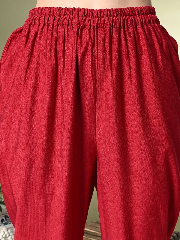 Myshka Women's Embroidered V-Neck Bell Sleeves Kurta & Dhoti Pants With Dupatta Sets in Red Color Stylish Casual Pants Myshka Women's Embroidered V-Neck Bell Sleeves Kurta & Dhoti Pants With Dupatta Sets in Red Color Stylish Casual Pants