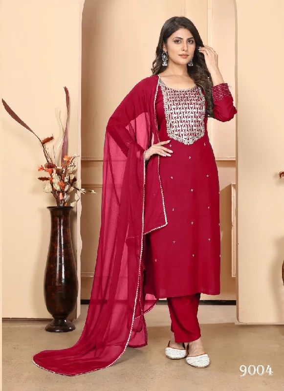 NOZ2TOZ Women Party Wear Embroidery Worked Kurta With Pant And Dupatta Set - Red Cozy Jogger Leggings NOZ2TOZ Women Party Wear Embroidery Worked Kurta With Pant And Dupatta Set - Red Cozy Jogger Leggings