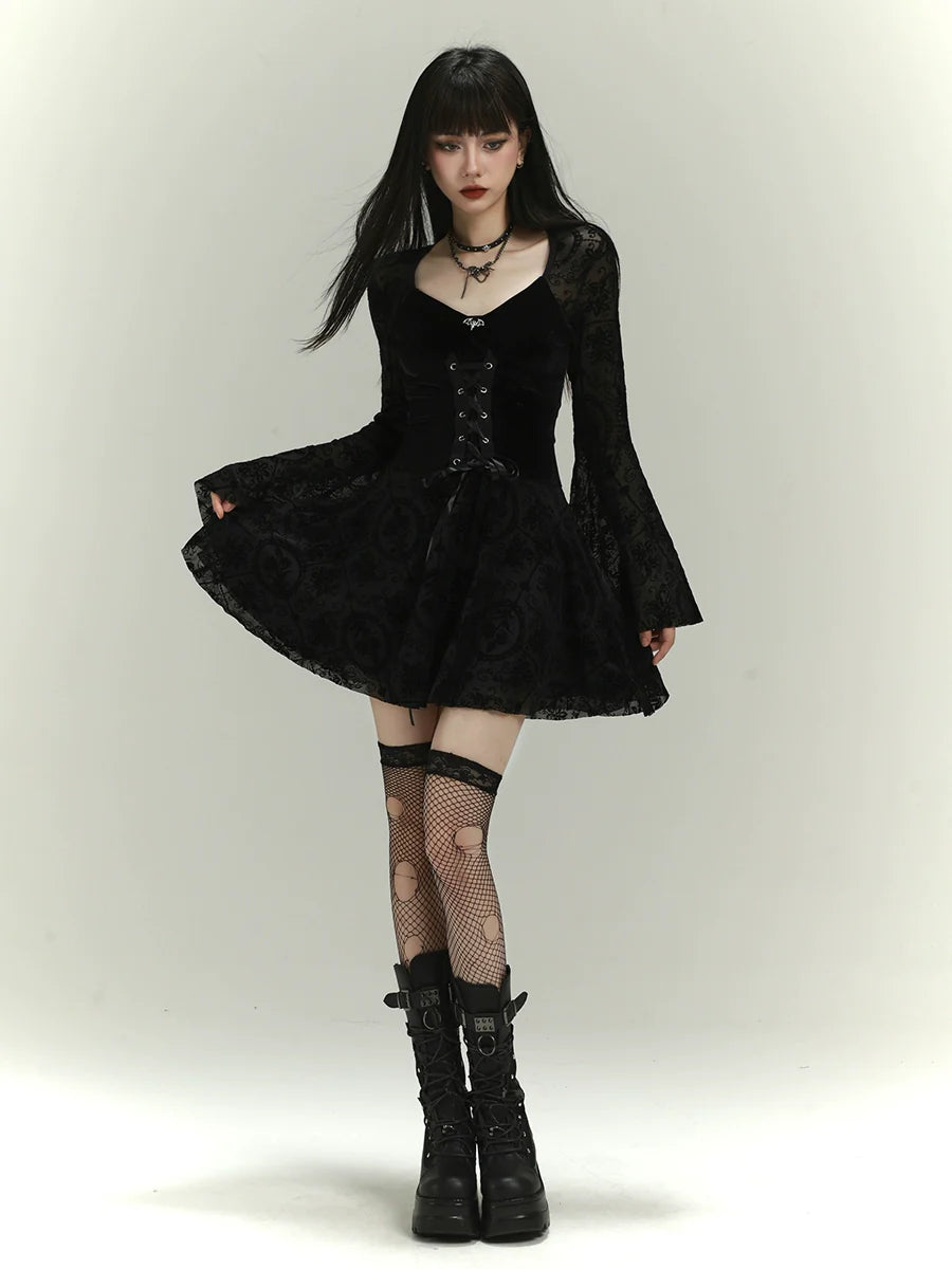 Gothic Lace Mini Dress Chic Pleated Mini Dress