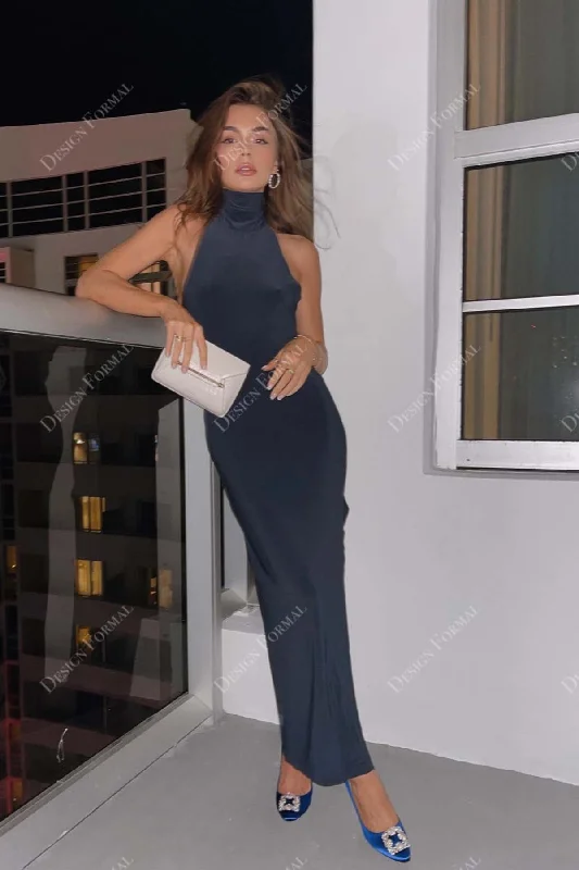 Dark Blue Halter Neck Ankle Length Made to Measure Prom Dress Tunics Versatile all-occasion Dark Blue Halter Neck Ankle Length Made to Measure Prom Dress Tunics Versatile all-occasion