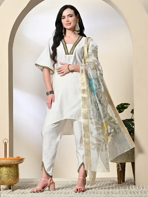 Myshka Women's Solid V-Neck Bell Sleeves Kurta & Dhoti Pants With Printed Dupatta Sets in White Color Cozy Lounge Pants Myshka Women's Solid V-Neck Bell Sleeves Kurta & Dhoti Pants With Printed Dupatta Sets in White Color Cozy Lounge Pants