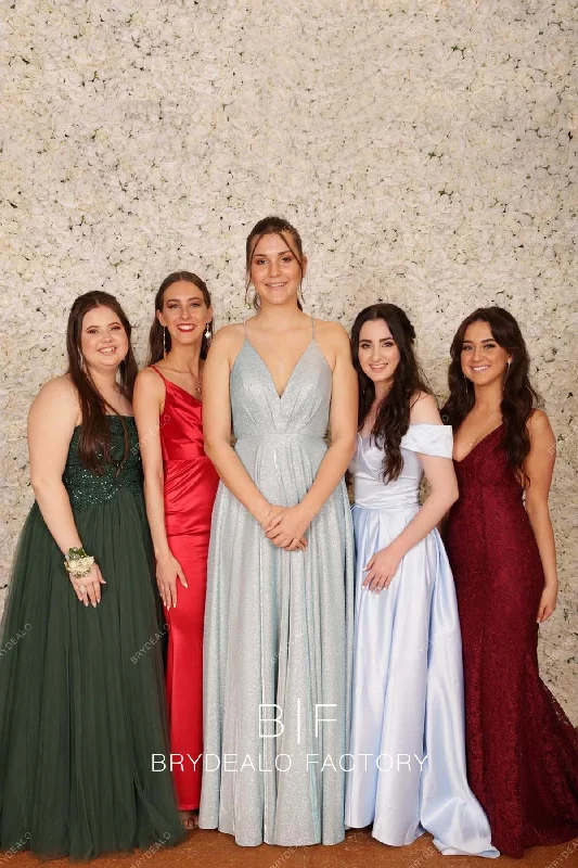 Light Blue Glitter Stretchy Leather Plunging Neck Stylish A-line Prom Dress Casual Short Summer